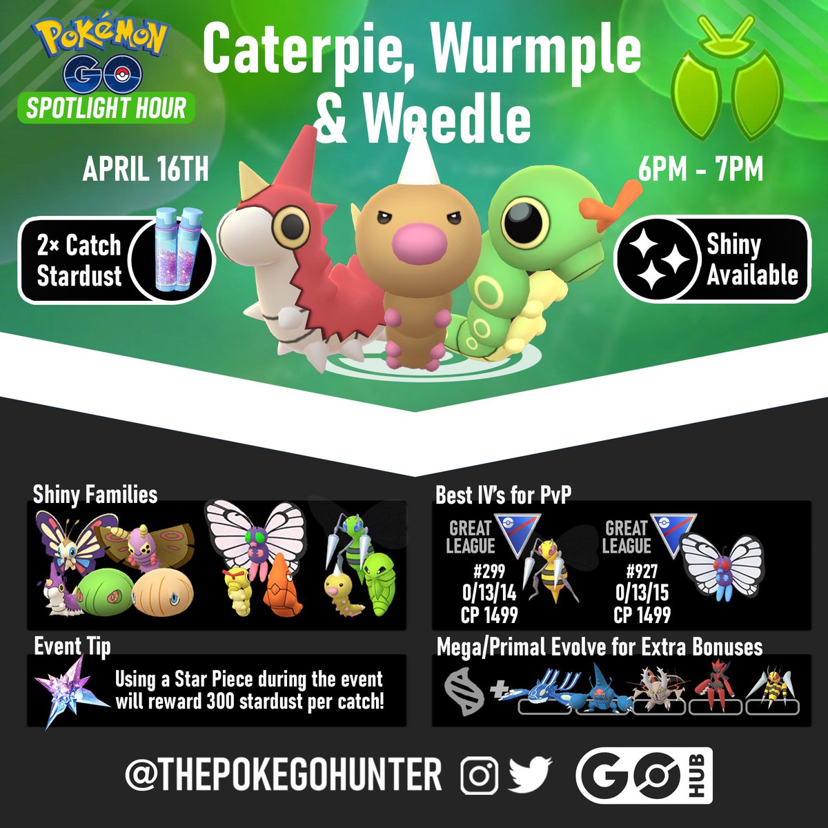 Triple bugs and a rainbow of shiny colours in this weeks #PokemonGO Spotlight Hour! 🐛🪲 Caterpie, Wurmple and Weedle star with 2x Catch Stardust. 👀