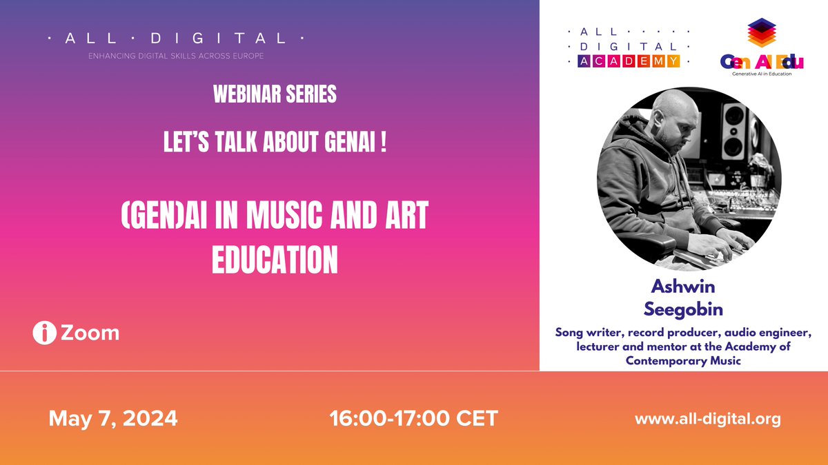 🚀 Join us on May 7th at 4 PM for a new episode of 'Let's talk about GenAI' webinar series! 🎶 Explore the impact of AI in music and art education with expert Ashwin Seegobin. Don't miss out! Register now: bit.ly/3VYhkZK #GenAI #GenAIinEducation