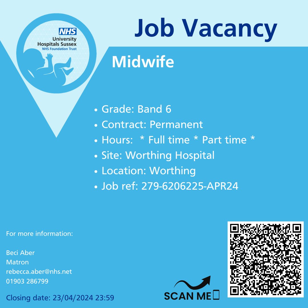 Band 6 Midwife opportunity at our Worthing hopsital site! Join our wonderful maternity team by the sea. 
Apply here: bit.ly/3vJXvei
