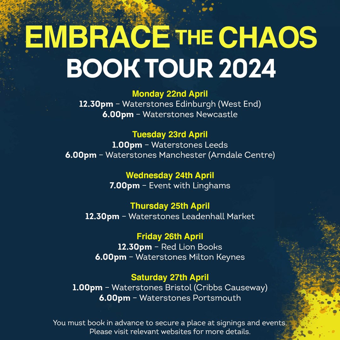 I’ll be heading out on my book tour next week and signing copies of Embrace The Chaos! You can grab your ticket, which includes a copy of the book, by hitting the link or head straight there on the day. See you there 👊🏻 linktr.ee/embracethechao…