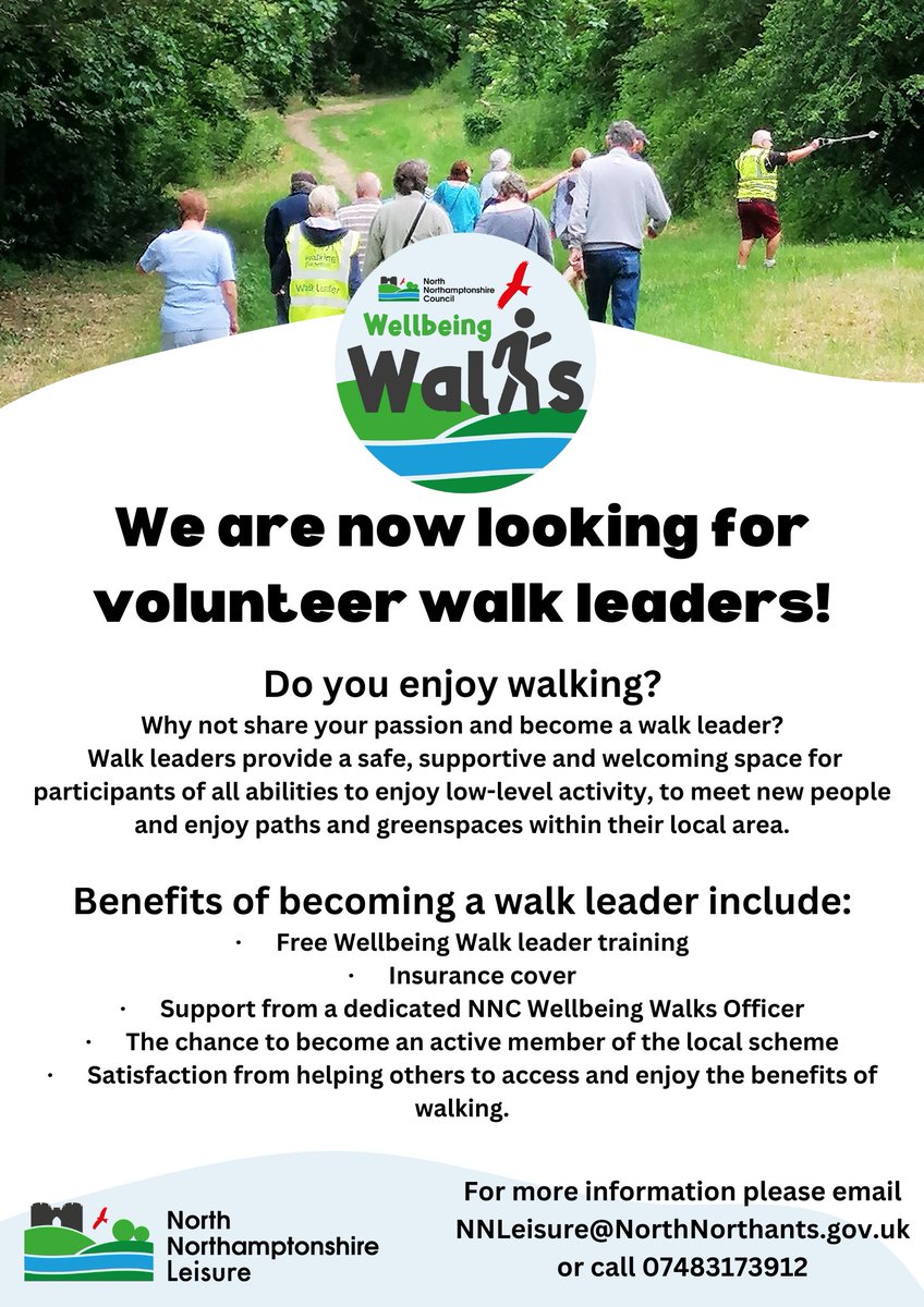 We are looking for volunteer walk leaders, if you or somebody you know is interested please visit our website to contact us: northnorthants.gov.uk/walking-and-cy… @PublicHealthNN @NNorthantsC @North_Active