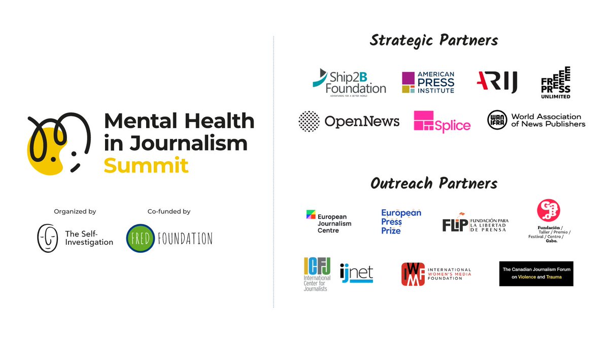 selfinvestigate's tweet photo. Big THANK YOU to all the partners that are making the "Mental Health in Journalism Summit" possible!
๐
Oct 8-10
๐Free & Online
https://t.co/kQ0ZOHWYpg #MHJS24 #FredFoundation https://t.co/hJQnAPpLcd