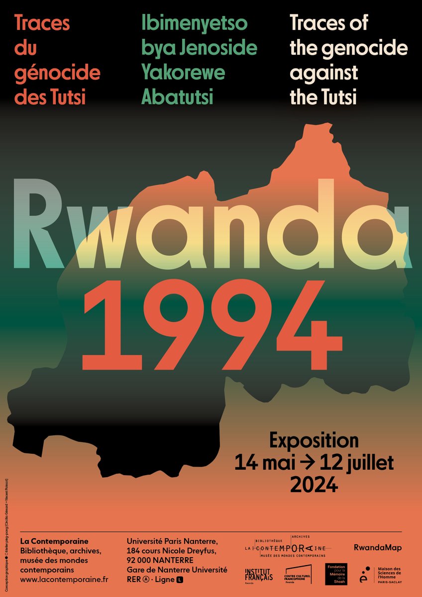 [𝐄𝐗𝐏𝐎𝐒𝐈𝐓𝐈𝐎𝐍] À partir du 14 mai à la Contemporaine, découvrez l'exposition itinérante “𝐑𝐰𝐚𝐧𝐝𝐚 𝟏𝟗𝟗𝟒. 𝐓𝐫𝐚𝐜𝐞𝐬 𝐝𝐮 𝐠𝐞́𝐧𝐨𝐜𝐢𝐝𝐞 𝐝𝐞𝐬 𝐓𝐮𝐭𝐬𝐢”, avec le réseau de recherche @rwandamap2020. Plus d'informations : lacontemporaine.fr/action-culture…