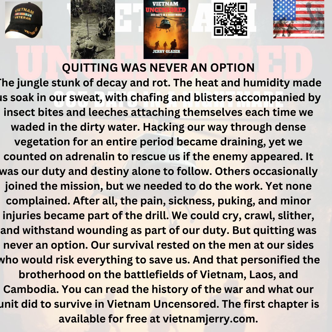 QUITTING WAS NEVER AN OPTION
Thoughts taken from Vietnam Uncensored
vietnamjerry.com
We did the work regardless of the danger.
#vietnamwar
#vietnamwarhistory
#vietnamveterans
#mustreadbooks
#readingcommunity
#writingcommunity
#ptsd