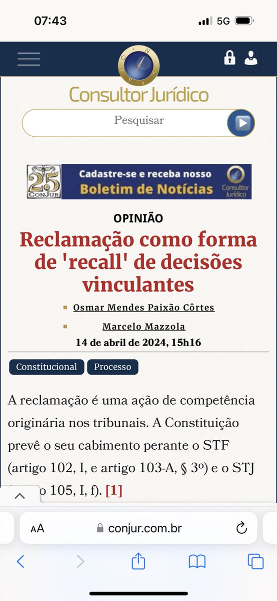 Neste novo artigo, eu e o professor @osmar_paixao_cortes tratamos do uso da reclamação no âmbito do STF, que passou a ser utilizada como forma de “recall” de decisões vinculantes.