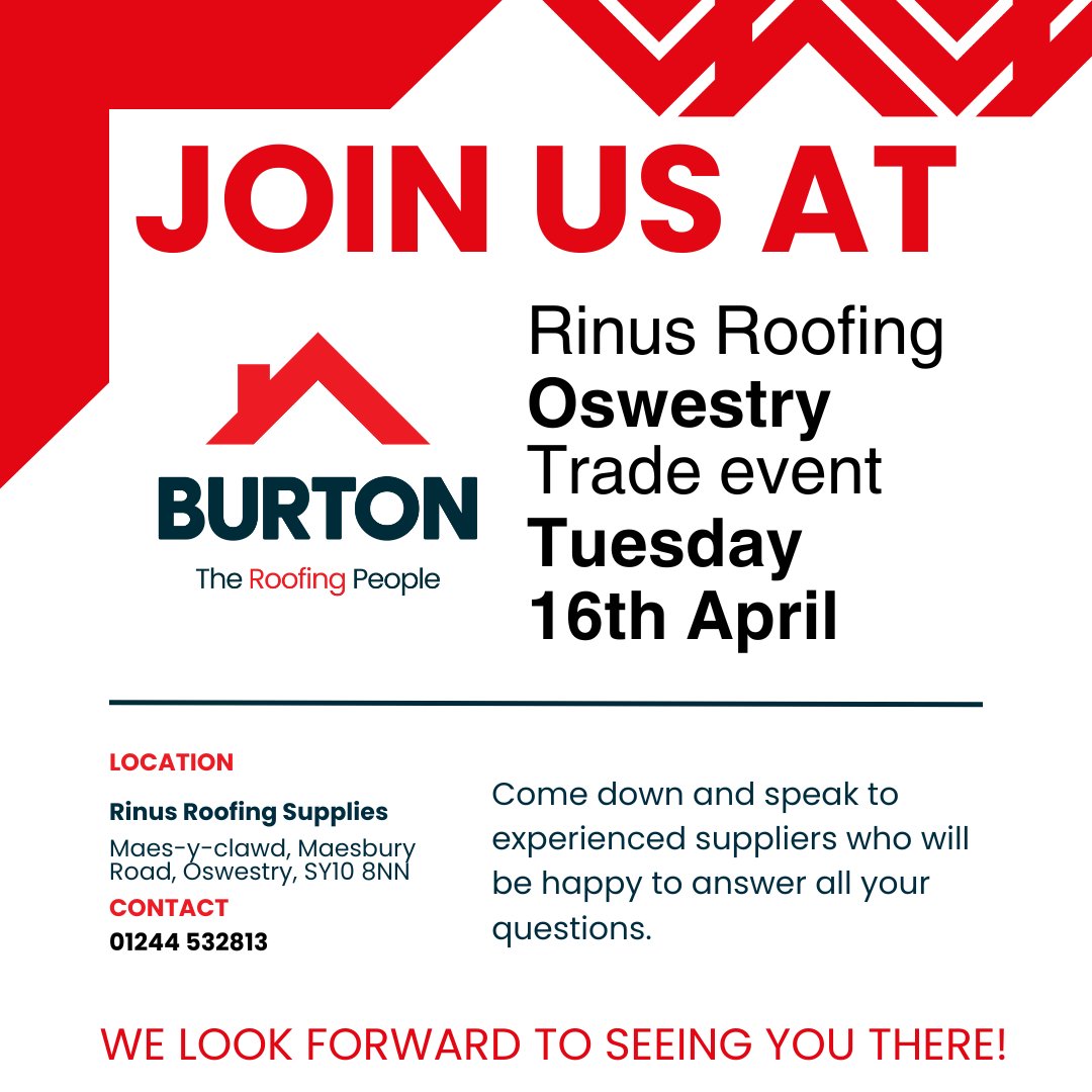 Join us at our Rinus Roofing Oswestry branch for all things #FlatRoofing.

Speak with industry-leading flat roofing experts who are happy to answer all your questions and queries.

See you all there!