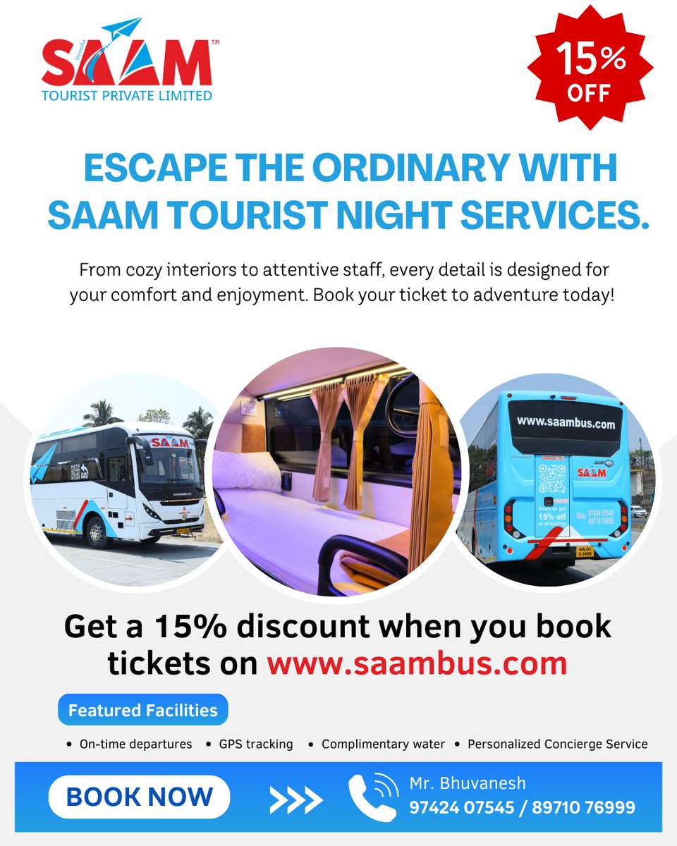 Escape the ordinary with #SAAMTourist Night Services. From cozy interiors to attentive staff, every detail is designed for your comfort and enjoyment. Book your ticket to adventure today!
#JourneyWithSAAM #NightService #ComfortTravel #DreamJourney #LuxuryTravel #PremierService