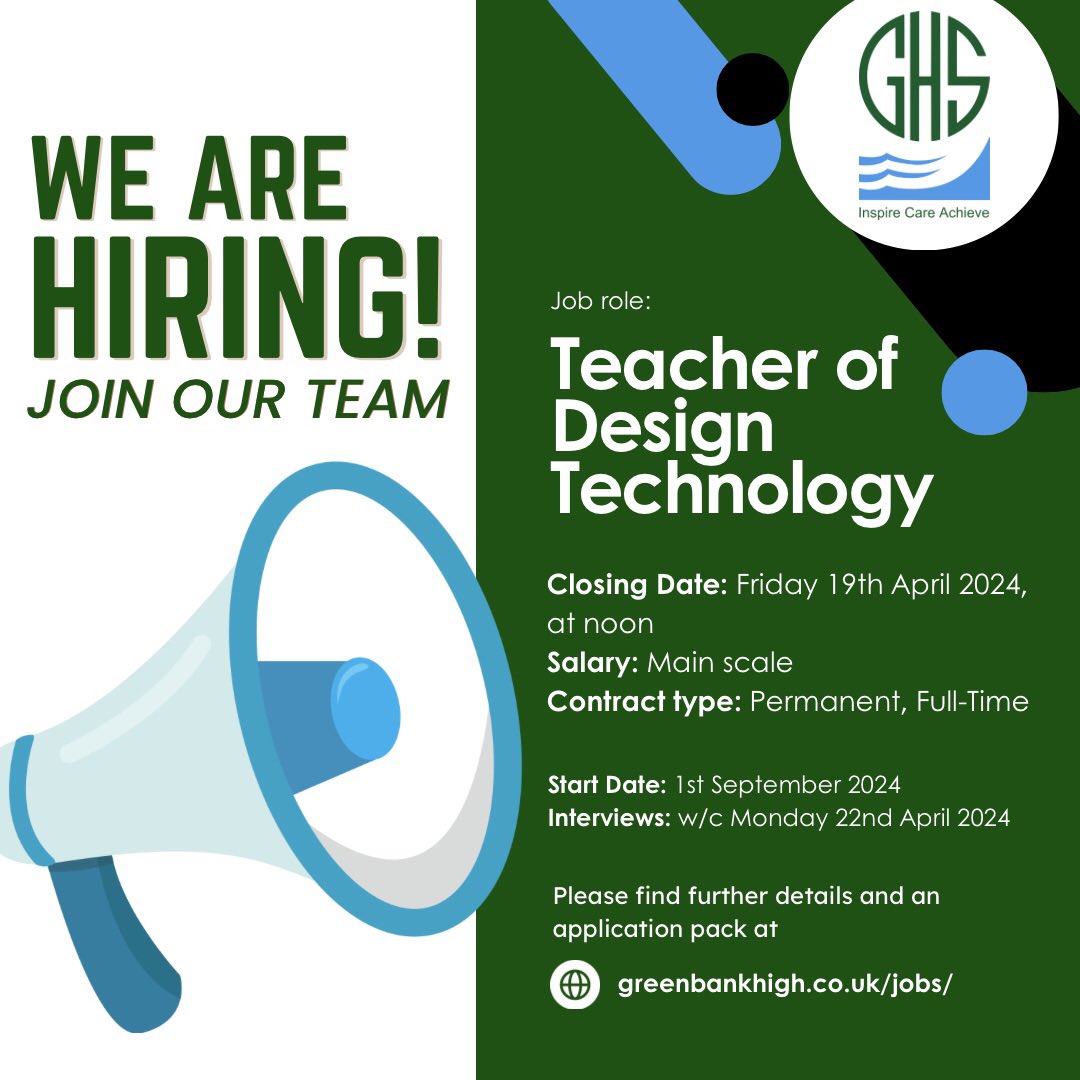 We currently have a vacancy for a teacher of Design Technology from September 2024 #jobvacancy 

Please find further details and an application pack at greenbankhigh.co.uk/jobs/