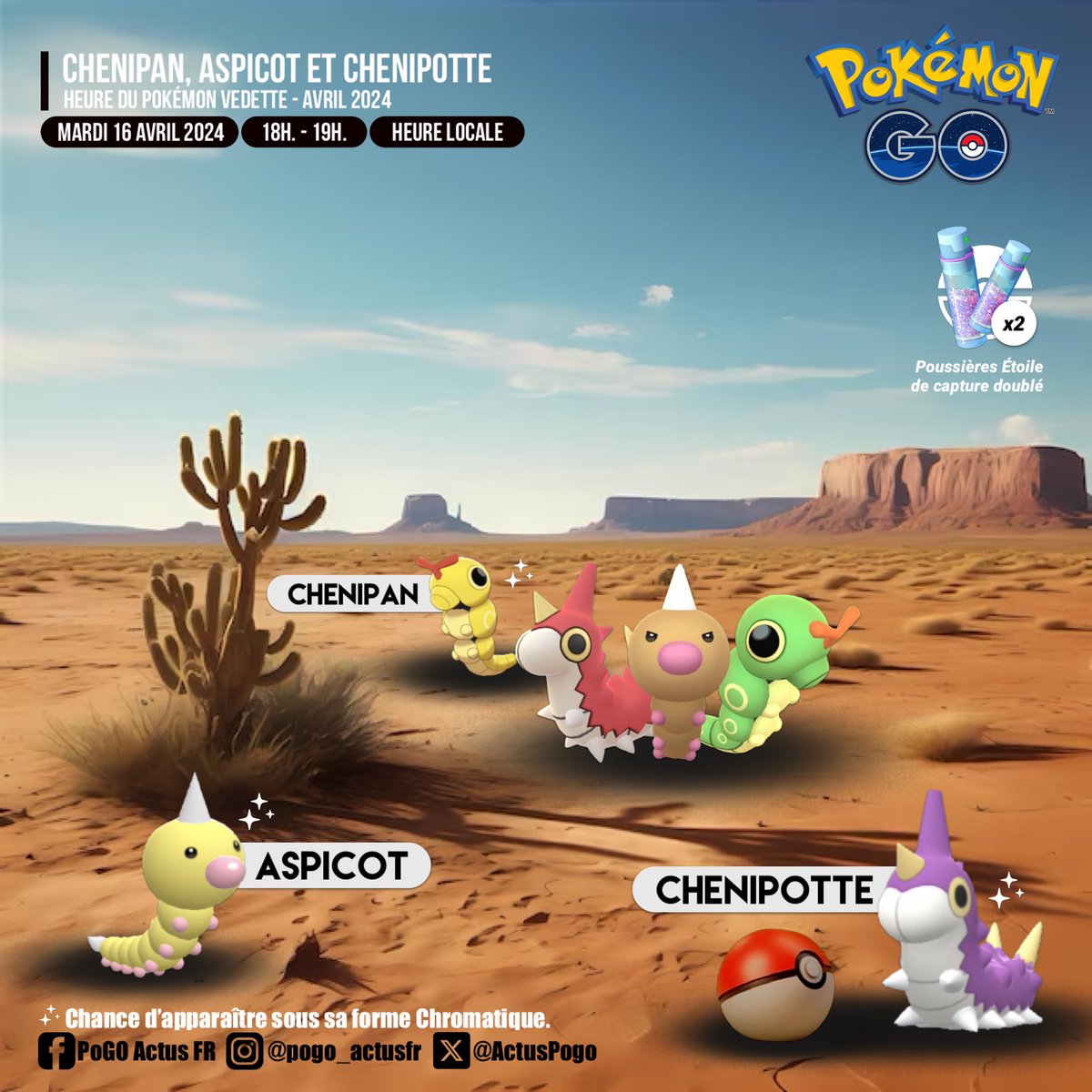 ActusPogo's tweet photo. Cette semaine, #Chenipan, #Aspicot et #Chenipotte, seront sous le feu des projecteurs. 🐛🪲
Vous gagnerez deux fois plus de Poussières Étoile en capturant des Pokémon.
📆 Mardi 16 avril 2024 (18H. - 19H.)
#PokemonGO #SpotlightHour #ShinyPokemon https://t.co/2vh8wVezdL