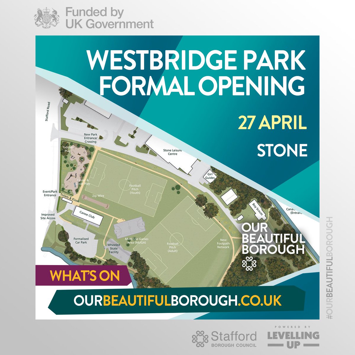 Everyone welcome to the official opening of #Westbridge #Park #Stone on Sat 27 April, 10am-2pm. Join the Mayor of #Stafford #Borough in celebration of the redevelopment which was completed in Dec 2023: tinyurl.com/3xt2rw6f #DaysOut #FamilyFun #OurBeautifulBorough @bitofstone