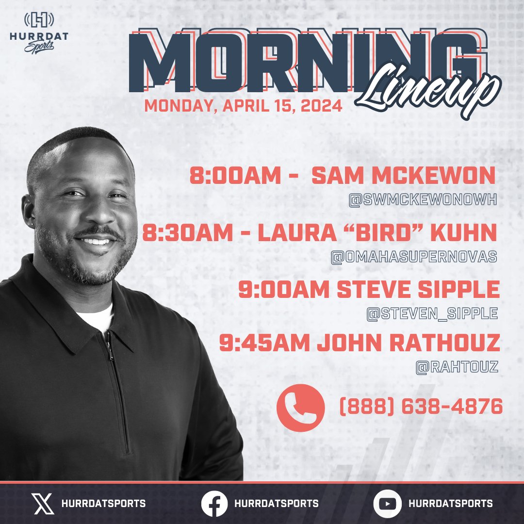 Loaded lineup for you on a Monday at 7 a.m. on Hurrdat Sports Radio! @ralulla and @damonbenning welcome @swmckewonOWH, @OmahaSupernovas, @steven_sipple and @Rathouz!