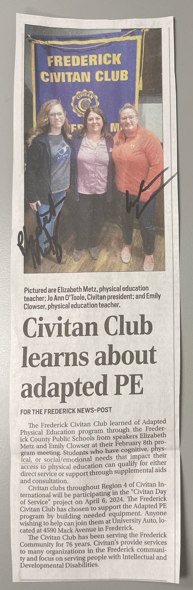 Spreading awareness & finding support for Adapted PE any chance and anywhere we can! Thanks to the Frederick Civitan for inviting us to speak & share our passion for Adapted PE! @FCPSMaryland @TroyDKeller @RegaliaFCPS @K_Turner_FCPS @ShannonPisculli @BGHEPE @FCPS_ElemHPE
