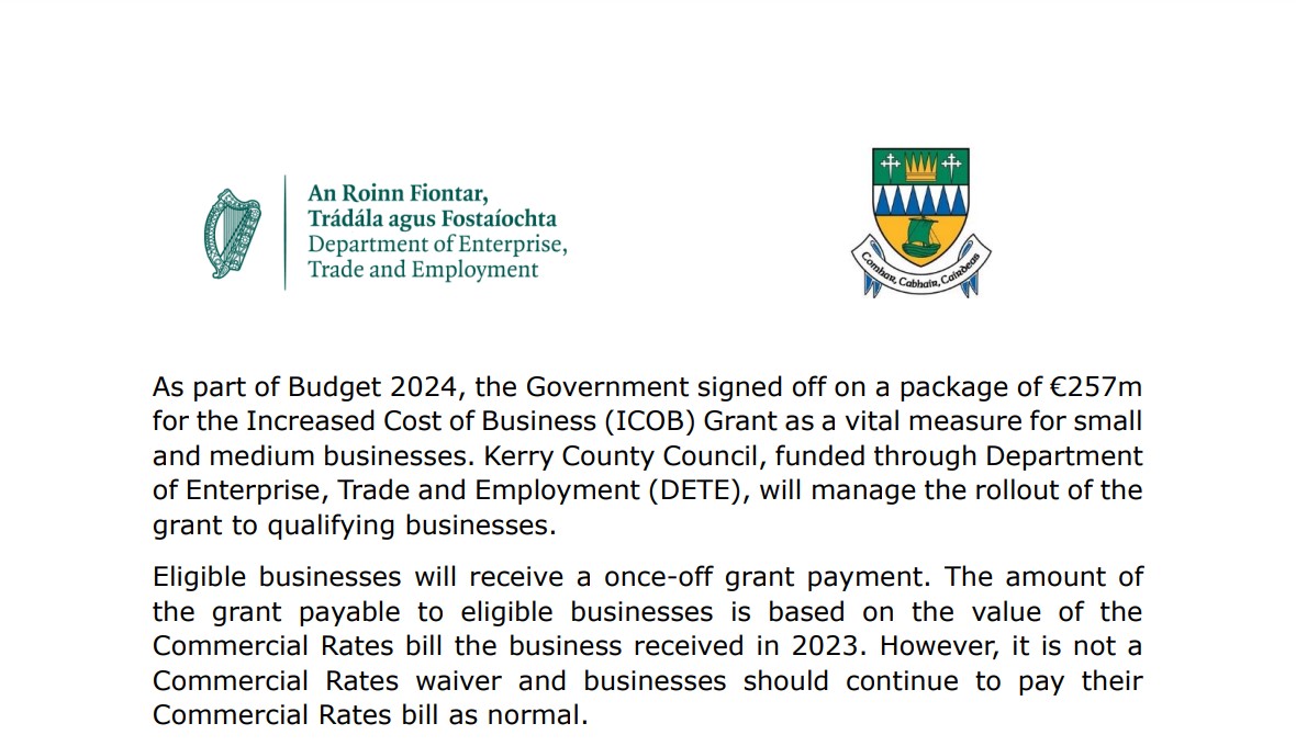 📢REMINDER: The deadline to register for the Increased Cost of Business (ICOB) Grant is the 1st of May 2024. For more information, please visit: kerrycoco.ie/wp-content/upl…