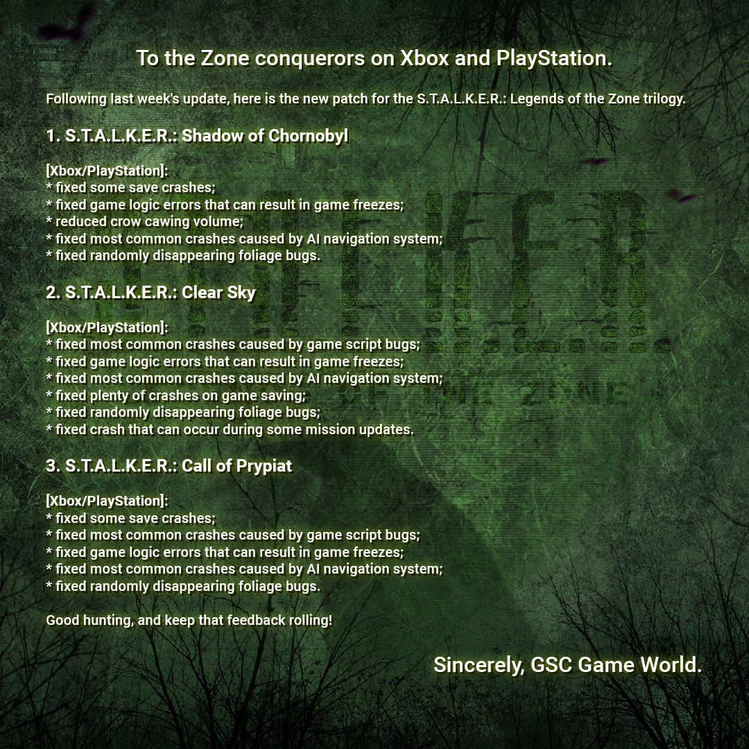 S.T.A.L.K.E.R. OFFICIAL on X: “The new patch for S.T.A.L.K.E.R. 