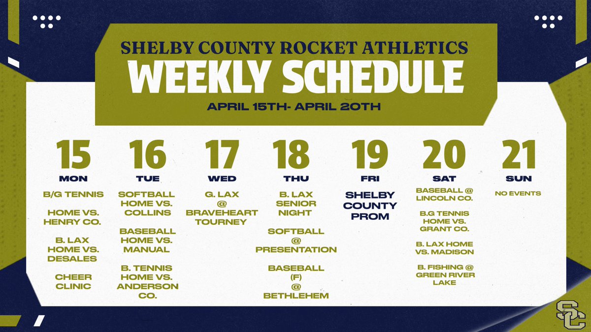🚨What’s HAPPENING this week for the ROCKETS

<a href="/SCPS_Activities/">SCPS_Activities</a> <a href="/schs_fastpitch/">SCHS_Fastpitch</a> <a href="/Rockets_Tennis/">SCHS Rockets Tennis</a> <a href="/SC_Rockets/">SCHSBaseball</a> <a href="/SCRBoysLAX/">SCRBoysLAX</a> <a href="/cheer_county/">Shelby County Cheer</a>