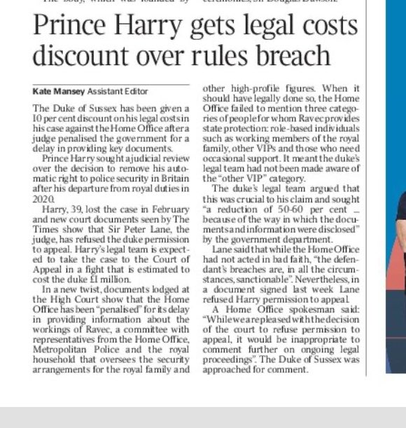 New: The Duke of Sussex receives mixed news in High Court over his fight for police security protection. 1. The judge gave Prince Harry a 10% reduction in legal costs after Home Office delayed revealing key documents 2. Judge has refused Harry permission to appeal 1/2