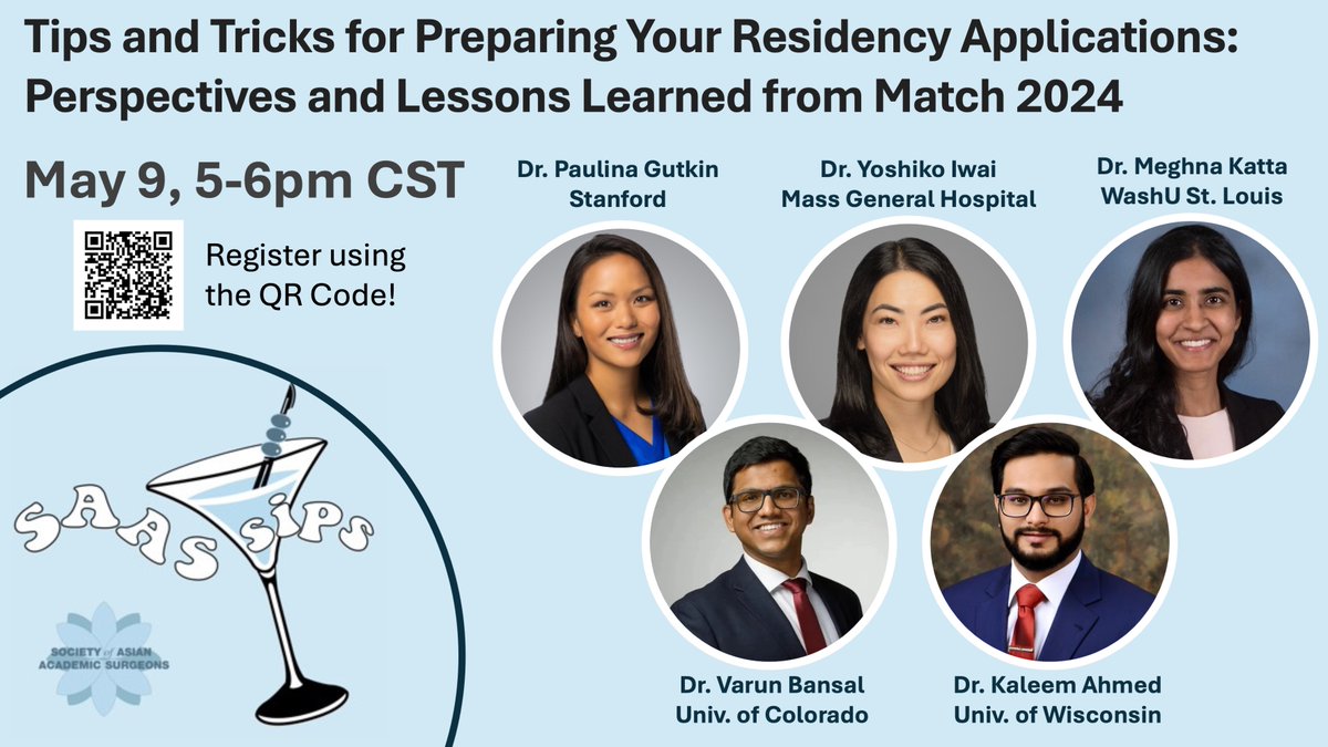 Join our next #SAASSips 'Tips and Tricks for Preparing Your Residency Applications: Perspectives and Lessons Learned from Match 2024” on May 9th 5-6pm CST with @paulinagutkin, @meghna_katta, @Varun_VBSurg, @Yoshiko_Iwai, and @KaleemSAhmed! Register now: uab.co1.qualtrics.com/jfe/form/SV_6y…