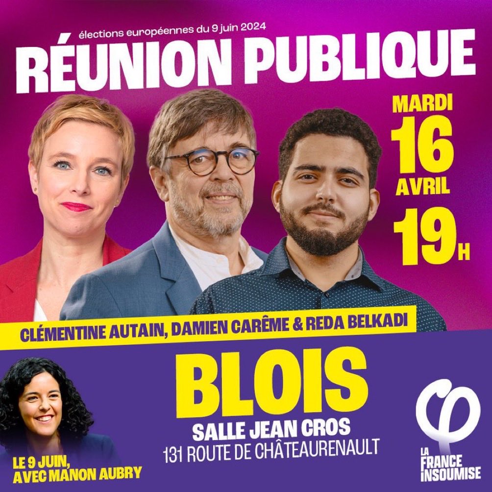 Retrouvez-nous à Blois ce mardi 16/04 à 19h. ⁦@Clem_Autain⁩ ⁦@RedaBelkadi_⁩ et moi seront heureux de vous y accueillir et de répondre à vos questions Donnez-nous la force de tout changer aux élections européennes. Nous avons besoin de toutes et tous #UnionPopulaire