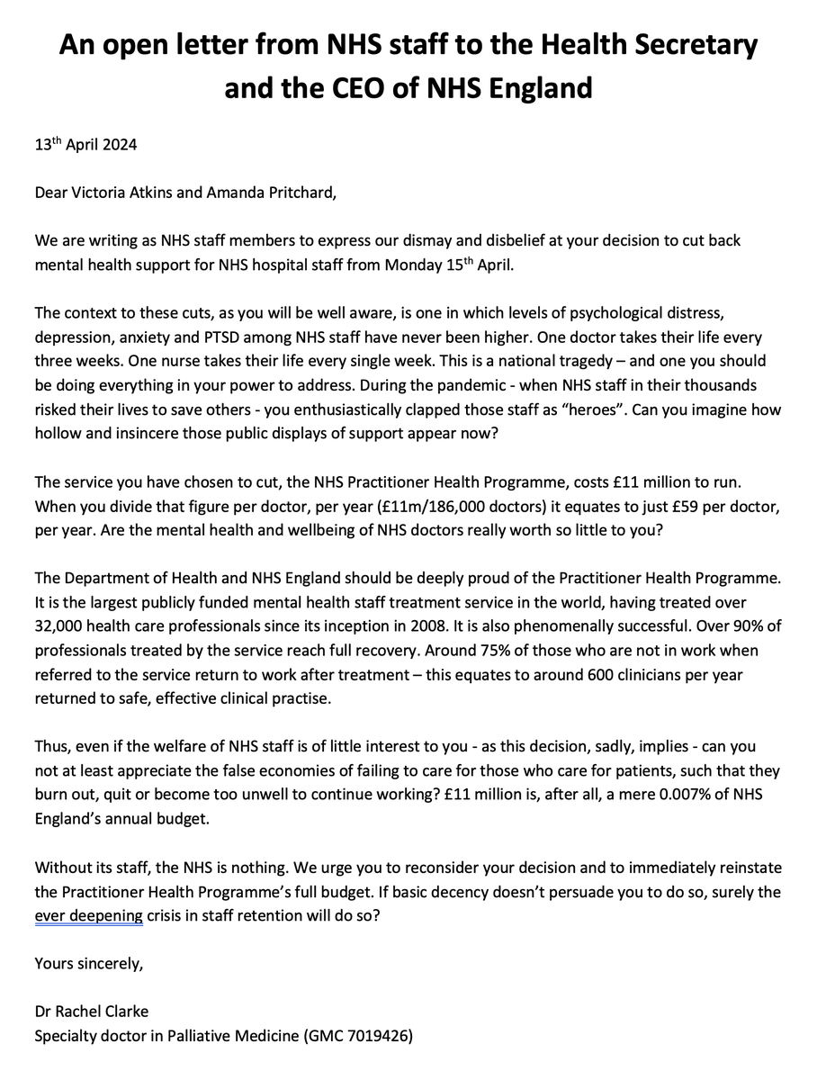 Dear @DHSCgovuk & @NHSEngland, Please find attached a letter for @VictoriaAtkins & @amandapritchard signed by over 15,000 NHS members of staff. We protest in the strongest terms your abrupt decision to cut the mental health support that @NHSPracHealth provides to staff. 1/3