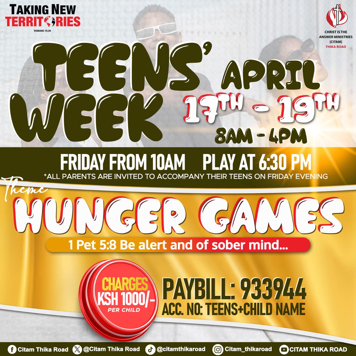 CITAMRoysambu's tweet photo. Teen's week starting this Wednesday 17th-19th April from 8am-4pm.
Please note: All parents are invited to accompany their teens on Friday.
#TeensWeek
#TakingNewTerritories
#CITAMThikaRoad
#WhereChristIsTheAnswer https://t.co/W65UyRQWZz