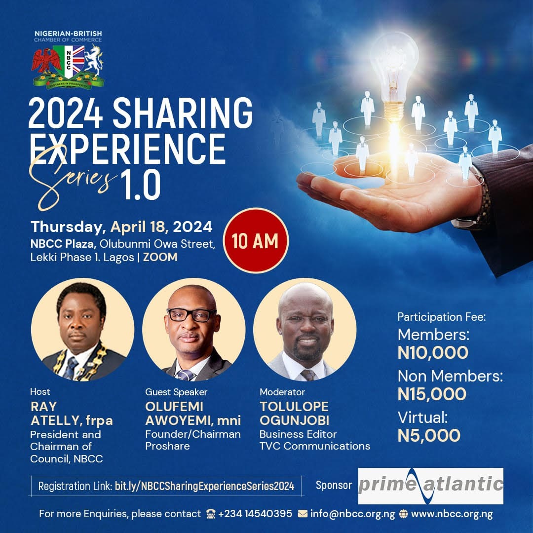 Three (3) Days to Go!!

Do not be left out of an experience featuring the Founder/Chairman Proshare (Nigeria’s foremost financial intelligence hub), Mr. Olufemi Awoyemi, mni. 

Date: Thursday, April 18, 2024
Time: 10 am
Venue: NBCC Headquarters,