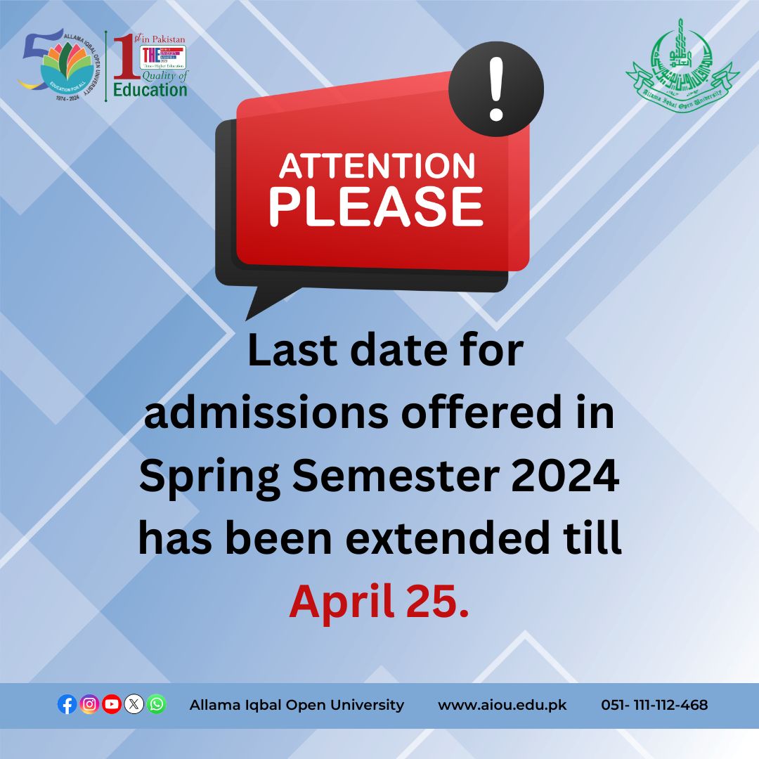 &gt;&gt;&gt; 𝑰𝒎𝒑𝒐𝒓𝒕𝒂𝒏𝒕 𝑨𝒏𝒏𝒐𝒖𝒏𝒄𝒆𝒎𝒆𝒏𝒕 𝑨𝒑𝒑𝒍𝒚 𝒏𝒐𝒘 𝒂𝒕: fmbp.aiou.edu.pk/application/in……𝑷𝒓𝒐𝒔𝒑𝒆𝒄𝒕𝒖𝒔 𝒇𝒐𝒓 𝑰𝒏𝒇𝒐𝒓𝒎𝒂𝒕𝒊𝒐𝒏: aiou.edu.pk/prospectus #LearningExperience #aiou #admissions2024 #spring2024 #aiounews #aioustudents #educationatDoorstep