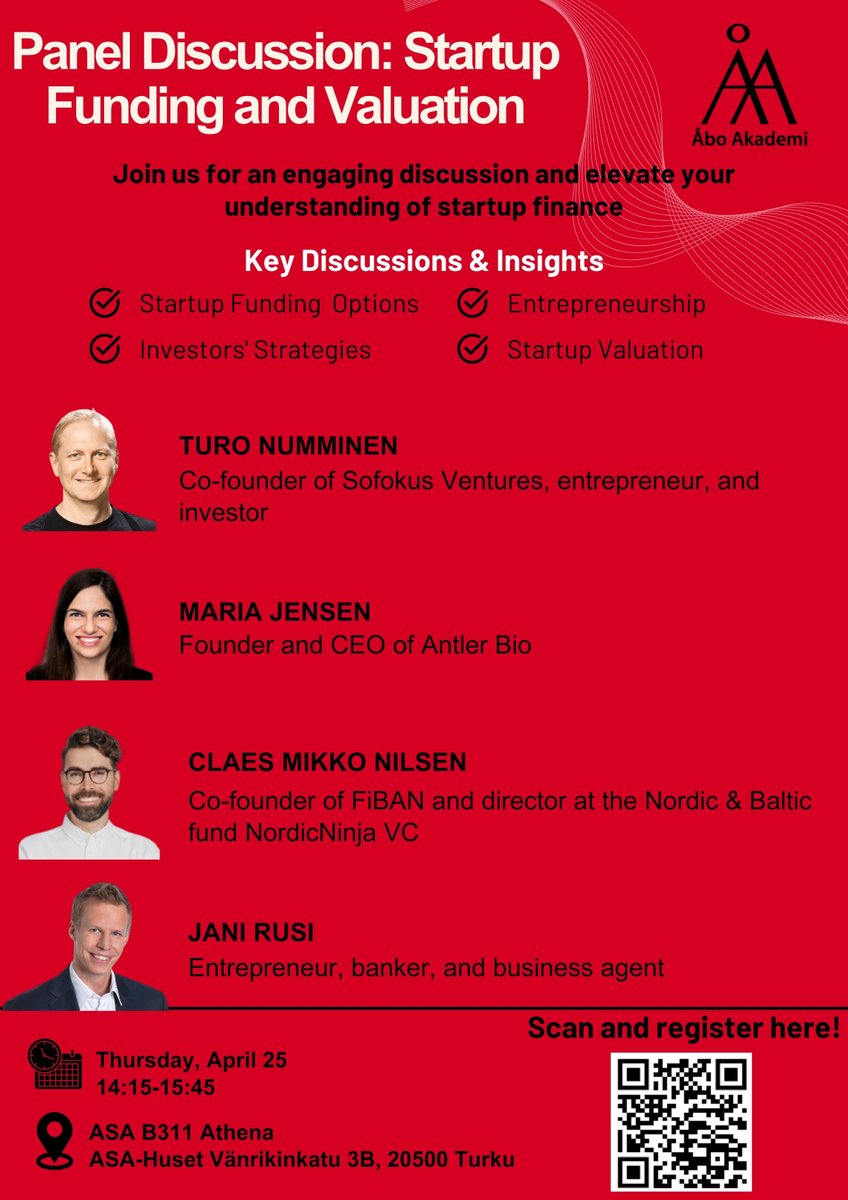 Join us for an insightful panel discussion on ”Startup Funding and Valuation” and elevate your understanding of entrepreneurship and startup finance. The event is scheduled for April 25th and is held online and in ASA-building, Turku. Read and register: abo.fi/evenemang/pane…