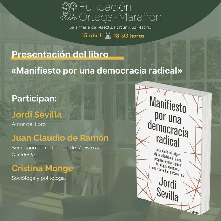 📕 Te esperamos esta tarde en la presentación del libro de @sevillajordi «Manifiesto por una democracia radical». Participan en la presentación del libro el autor junto con @JuanCladeRamon y @tinamonge 🕒 18:30 📍Sala María de Maeztu ¡Inscríbete!👇🏻 forms.office.com/Pages/Response…