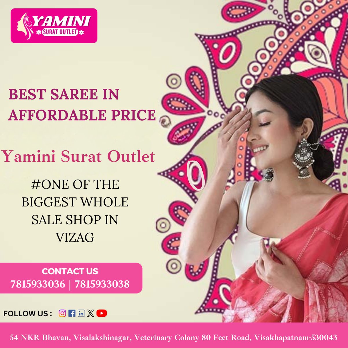 Yamini Agencies' collection, where every thread weaves a tale of style and savings.

CONTACT US: 7815933036 | 7815933038

#SareeLove #IndianCulture #TraditionalWear #SareeStyle #SareeGoals #SareeFashion #PerfectSaree  #SareeGoals #AffordableSarees #YaminiAgencies #SareeDeals