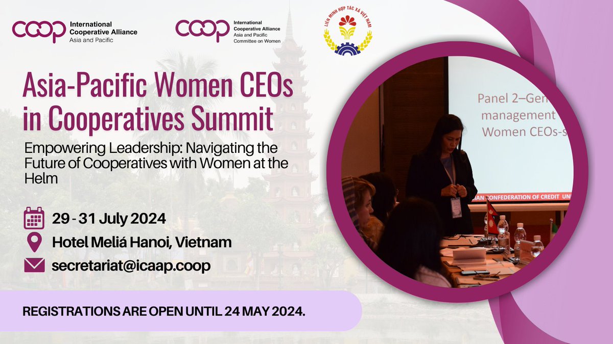 📢Excited to announce the 🌏Asia-Pacific Women CEOs in Cooperatives Summit! A unique opportunity for #Coop #WomanLeaders🤵‍♀️ in Asia-Pacific to discuss their specific needs, foster critical dialogue & network across borders. To register:🔗 icaap.coop/Women-CEOs-in-… #Coops4women