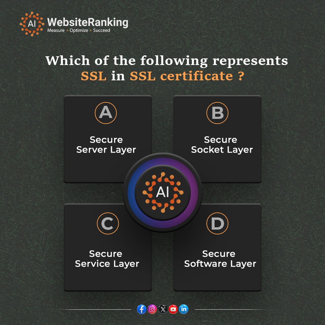 Let's test your tech knowledge! Which option do you think represents the abbreviation SSL?  Comment your answer below!

#ssl #quiz #Mondayknowledge #websiterankingai #websitegrowth #websitehealth