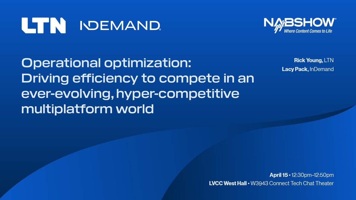 Today, @ 12:30 pm PT at the Connect Zone Tech Chat Theater, @indemand's Lacy Pack and LTN's Rick Young will share the stage for an engaging discussion on how automation can revolutionize live content versioning. @NABShow: nab24.mapyourshow.com/8_0/sessions/s… #LTN #NABShow