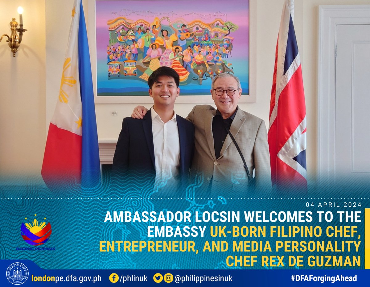 Ambassador Locsin welcomed to the Embassy UK-born Filipino chef, entrepreneur and media personality Chef Rex De Guzman, who wowed British audiences in Jamie Oliver’s TV cooking competition, The Great Cookbook Challenge.