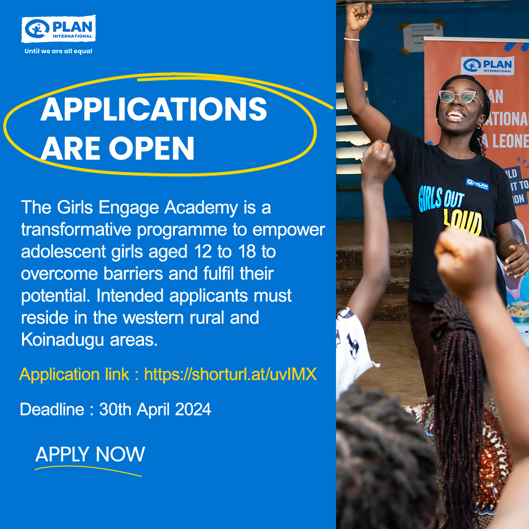 🌟 Attention girls in Koinadugu and Western Area Rural! Are you aged 12-18 and ready to make a difference in your community? Join the Girl Engage Academy now! Empowerment, advocacy, and change await. Apply today! Click the link 👉: [shorturl.at/uvIMX] #GirlEngageAcademy