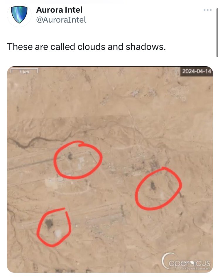 A 500K+ follower account being unable to distinguish between craters from Iranian missiles, and clouds in satellite imagery. Says all you need to know about the state of OSINT on this shithole platform.