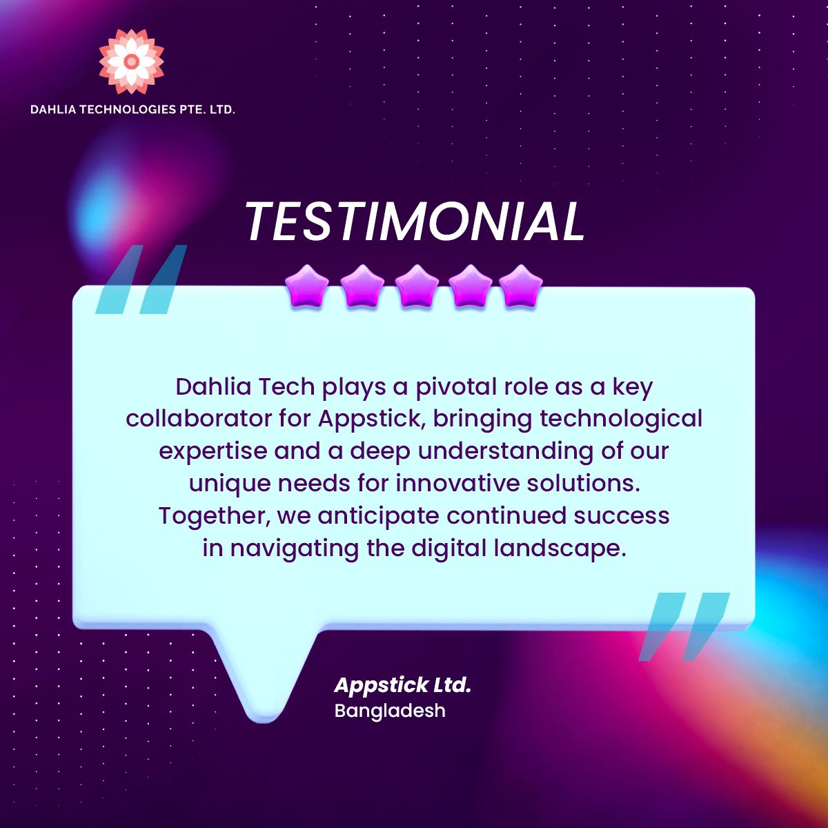 Thanks for your generous testimonial!🙏 
Ready to elevate your business? Contact us today: dahlia.tech 

#InnovativeSolutions #DahliaTech #TechCommunity #ProductivityBoost #TechInnovators #DigitalProductivity #SmartBusiness #BusinessSolutions #DahliaTechnologies #Tech