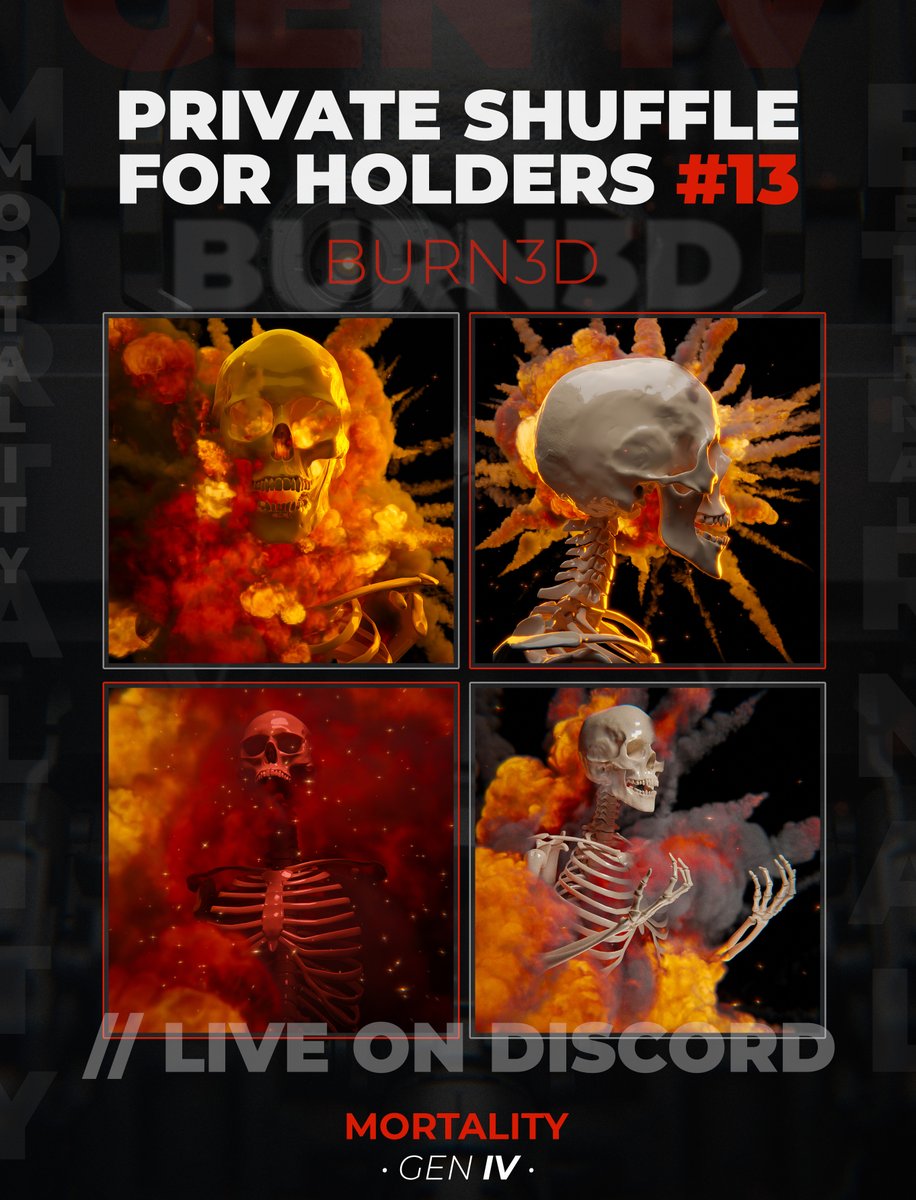 • Private Shuffle • Gen IV • Week #13

// BURN3D

🚨The private shuffle for Mortality holders is live!🚨

🔥 🤘Join now:
➡️ discord.gg/5PMyZKtCy9 

- 
$ALGO #algorand