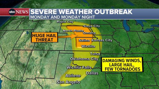 MONDAY/MONDAY NIGHT SEVERE STORMS: Lincoln & Grand Island, NE Salina, Manhattan & Hutchinson, KS large hail is highest risk, tornadoes & damaging wind too! Kansas City, OKC, Omaha etc all included. #nebraska #kansas #oklahoma #southdakota #texas #Missouri #iowa