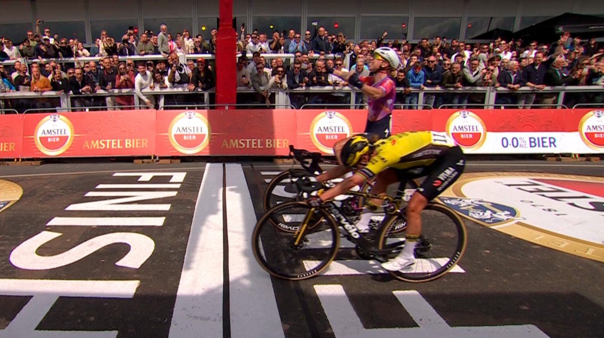 We see it too often in the sport, celebrating too early and getting beaten by a bike throw. Happened again yesterday at the Amstel Gold women's race. Wait until that wheel crosses the finish line before you punch the sky!