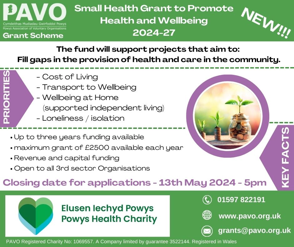 Funding is available if your voluntary organisation provides health & wellbeing services in #Powys - see the priorities of this @PAVOtweets small grant scheme below. Closing date: 13 May! Don't miss out! pavo.org.uk/help-for-organ… #MidWales #Loneliness #Isolation #WellbeingAtHome