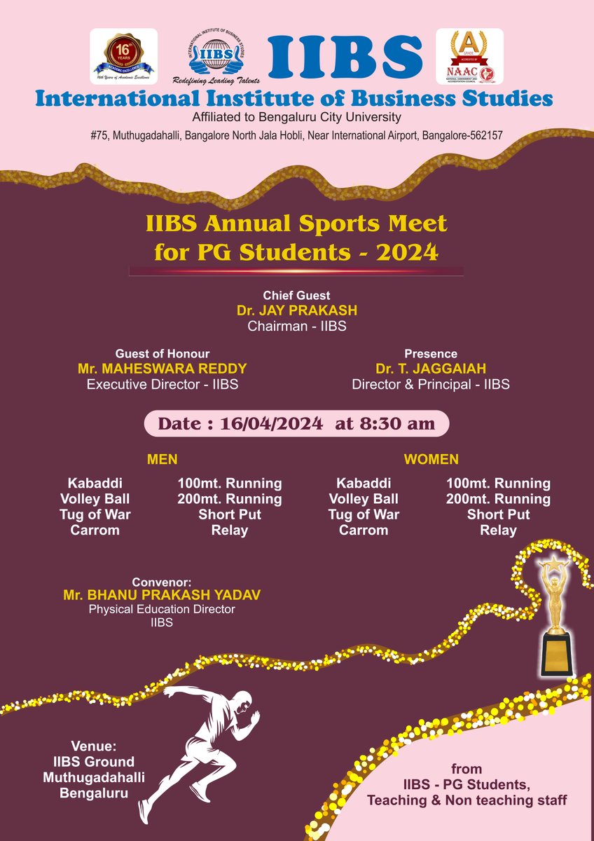 IIBS Annual Sports Meet for PG Students - 2024 at IIBS Ground Muthugadahalli Bengaluru on 16/04/2024 at 8:30 am 

#sportsmeet #collegelife #kabaddi #volleyball #tugofwar #carrom #running #shortrun #100m #athelete #studentlife #enjoyeverymoment #sport #Bengaluru  #Karnataka
