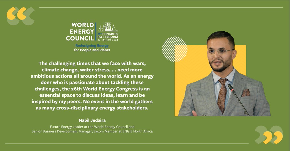 Speaker announcement 📣 We are excited to share that Nabil Jedaira will be one of the speakers on the Congress’s stage Check out the full list of speakers, who will join #WEC2024 in Rotterdam 👉 worldenergycongress.org/rotterdam/spea… #RedesigningEnergy #energytransition