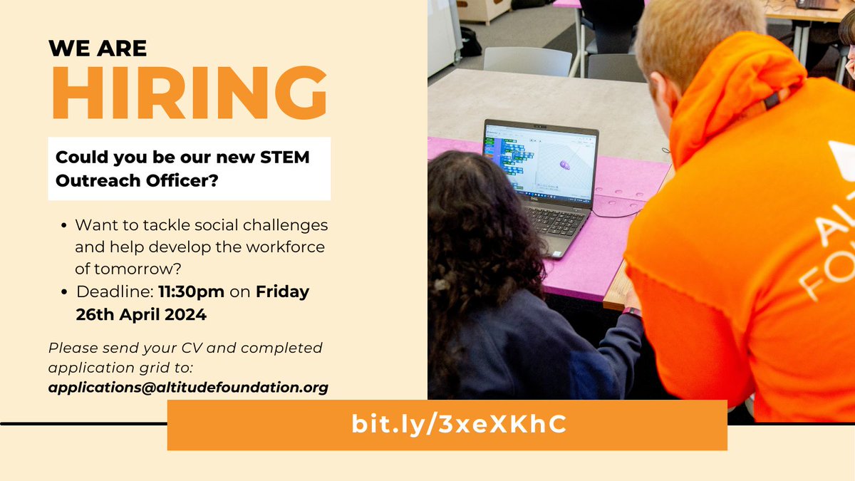 ⭐ Exciting opportunity alert!⭐ Is working with young people your passion? Don’t miss the opportunity to apply for our STEM Outreach Officer role before 11:30pm on Friday 26th April 2024. Visit our website for more information and how to apply! More details below 👇