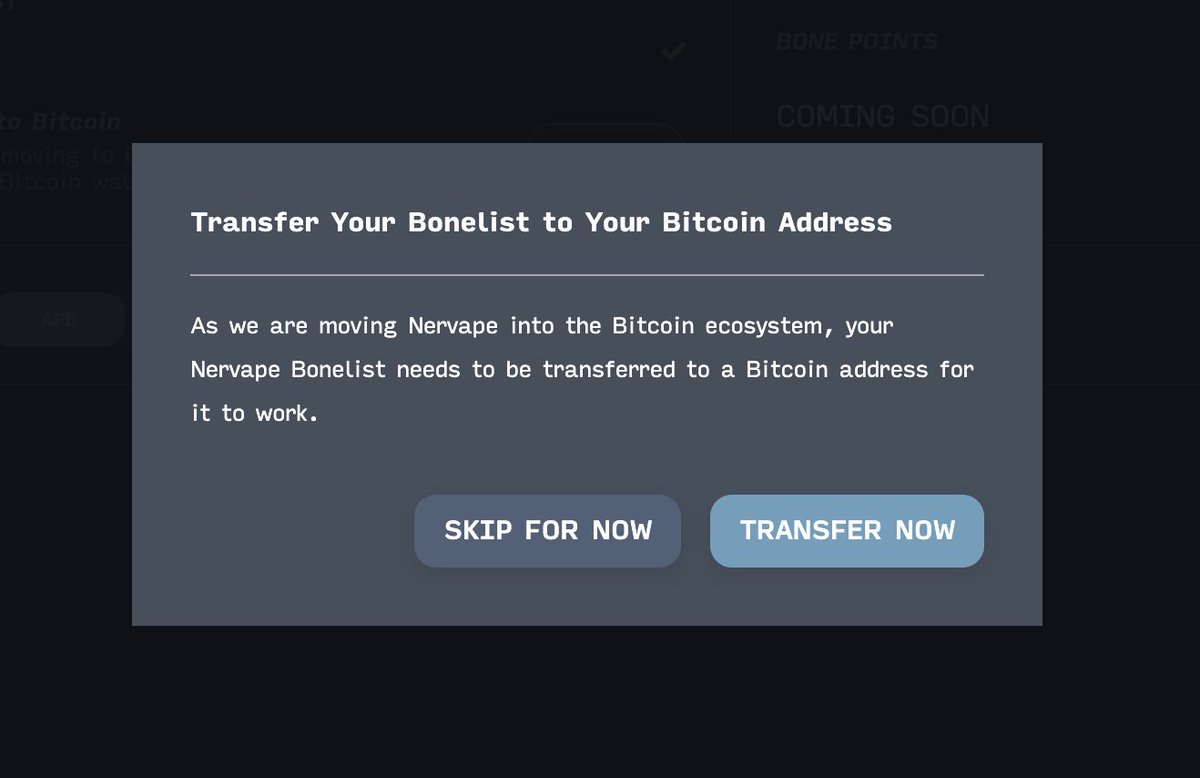 Nervapes's tweet photo. You Can Now Transfer Your Bonelist (Whitelist) 🦴 from an EVM Address to a Bitcoin Address! ₿

👀Tutorial: https://t.co/uYQ0wgObSt

👉Use the transfer tool on our website here: https://t.co/x4mWk1iV2g
…to transfer your bonelist EVM address to a Bitcoin (Taproot/Native Segwit) address. DEADLINE to transfer is Sunday April 21st, 10am EST (10pm UTC+8)! ⌛️

❗️IMPORTANT ❗️:
- You can only transfer once and the transfer cannot be reversed. Please make sure you enter the CORRECT BITCOIN ADDRESS. Entries to the wrong BTC address may lead you to losing the bonelist!
- You will have to transfer the EVM address to a BTC address in order to participate in the Nervape mint on Bitcoin coming out later this month. Transfer before the deadline or you will lose your bonelist guaranteed mint! =(

❗️NOTE: You are responsible for transferring your address to yourself. As much as we want to help, our team is not responsible for doing this.

🙌It’s super easy so be sure to transfer your bonelist today!