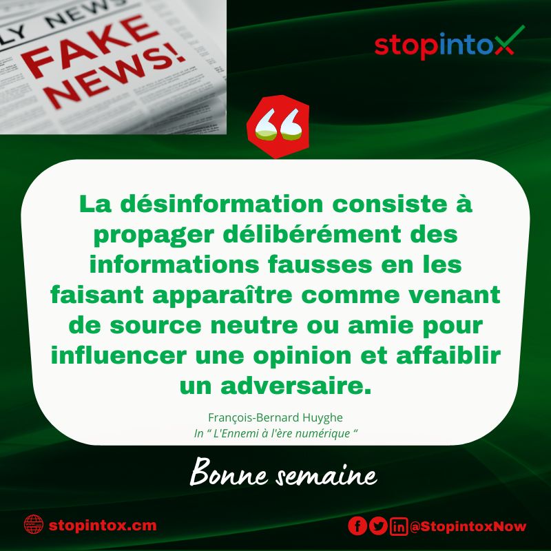 'La désinformation consiste à propager délibérément des informations fausses en les faisant apparaître comme venant de source neutre ou amie pour influencer une opinion et affaiblir un adversaire'.

François-Bernard Huyghe In “ L'Ennemi à l'ère numérique “

#Fakenews #Factcheck