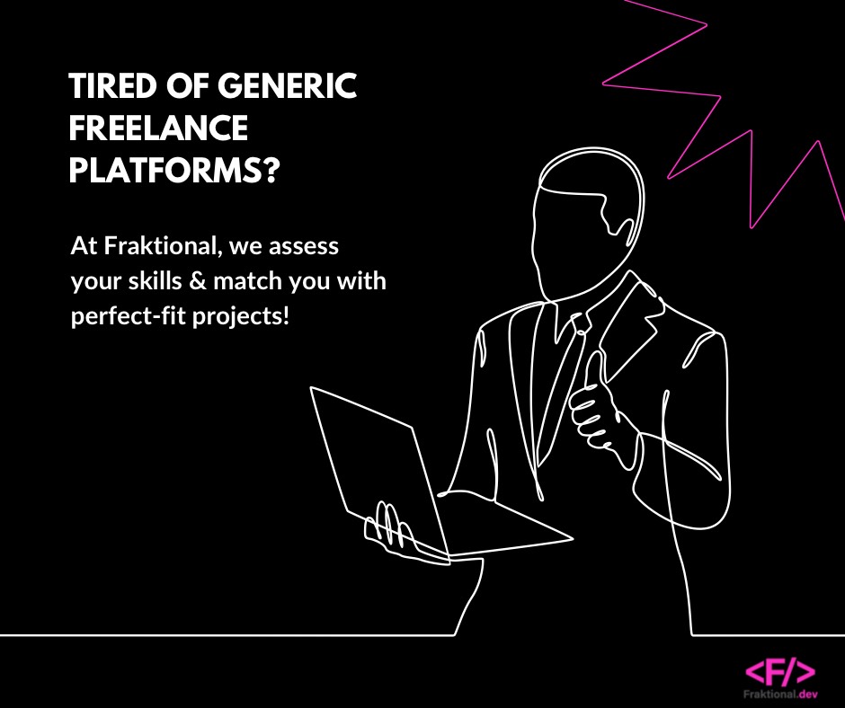 FraktionalDev's tweet image. Fraktional cuts through the noise. We understand your unique skills and connect you with dev projects that value your expertise. Start building your dream freelance career today! #devlife #findyourproject