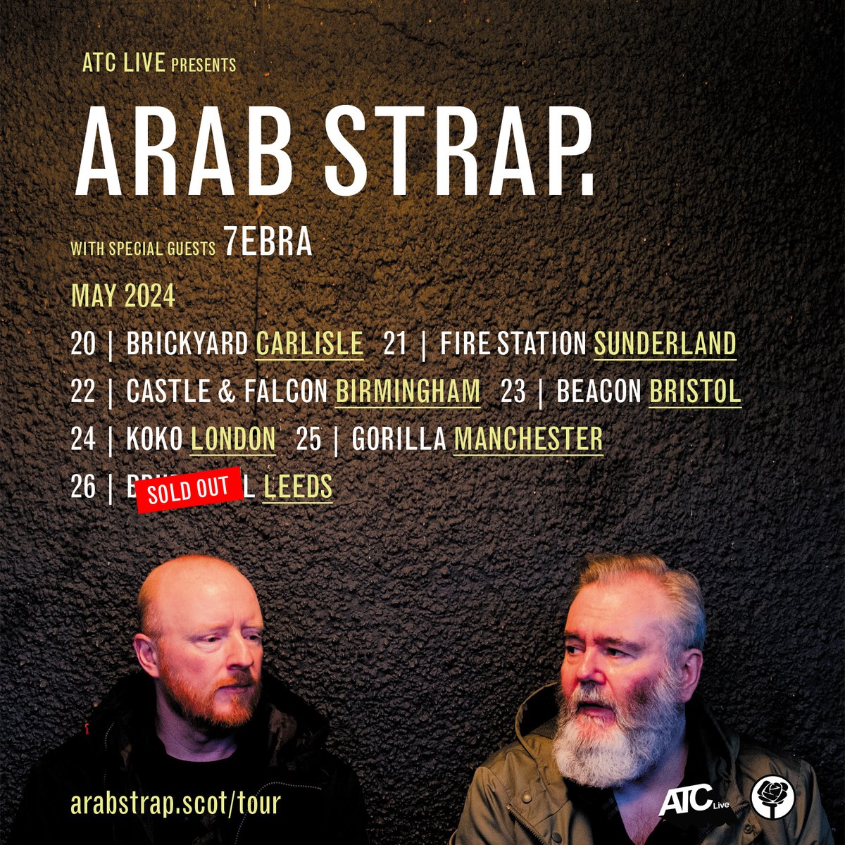 We're on tour in England next month, now with added <a href="/7ebra_/">7ebra</a> on all dates! Leeds is sold out, with others not far behind ...

arabstrap.scot/tour