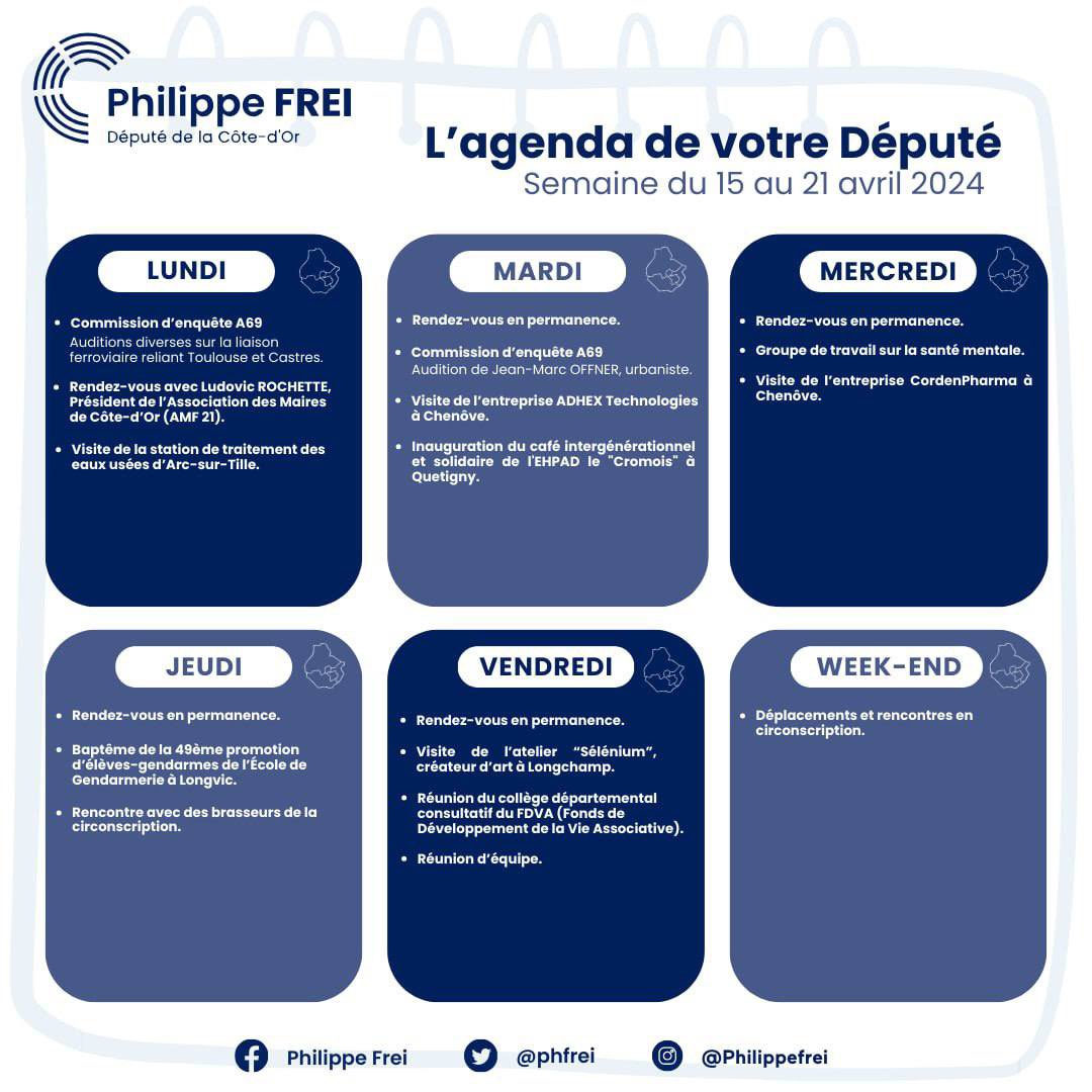 📅 Avec la suspension de nos travaux parlementaires à l’@AssembleeNat, retrouvez mon agenda de la semaine du 15 au 21 avril 2024 en circonscription #circo2103 ! 📲 Pour ne rien manquer de mon activité ⤵️ Twitter : bit.ly/3vYpJBw Facebook : bit.ly/3SrL267