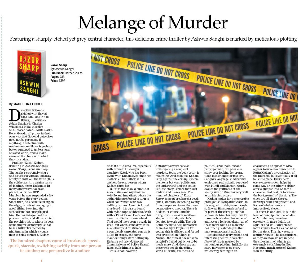#RazorSharp book review by @newindianexpress Melange of Murder: “Featuring a sharply etched yet grey central character, this delicious crime thriller by Ashwin Sanghi is marked by meticulous plotting.” Link newindianexpress.com/books/2024/Apr…
