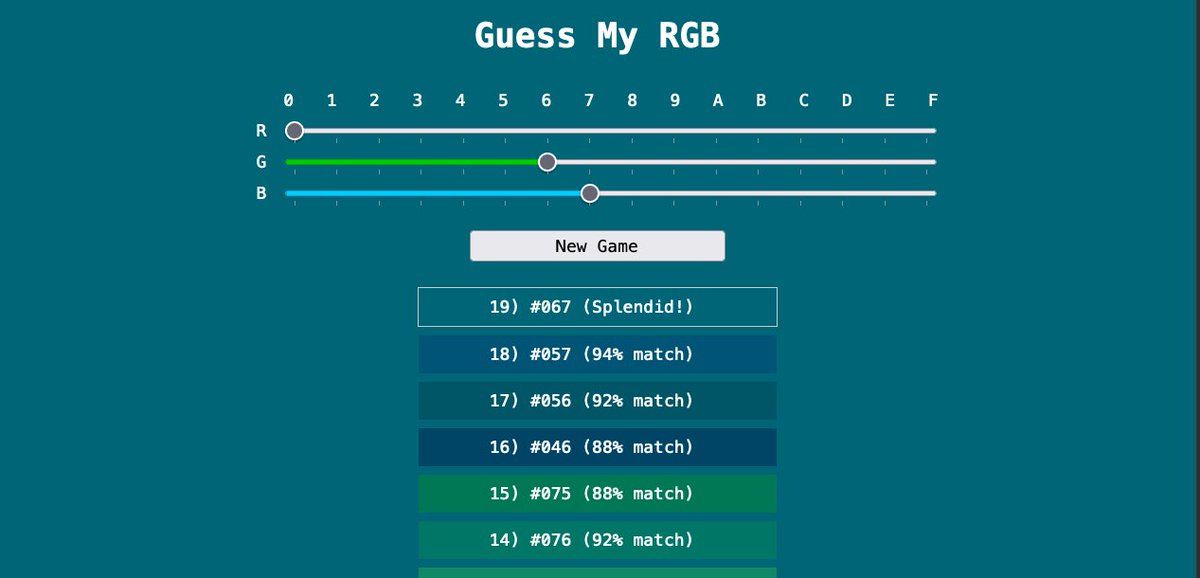 A fun color game where you need to use 3 sliders to guess the right RGB value: susam.net/myrgb.html